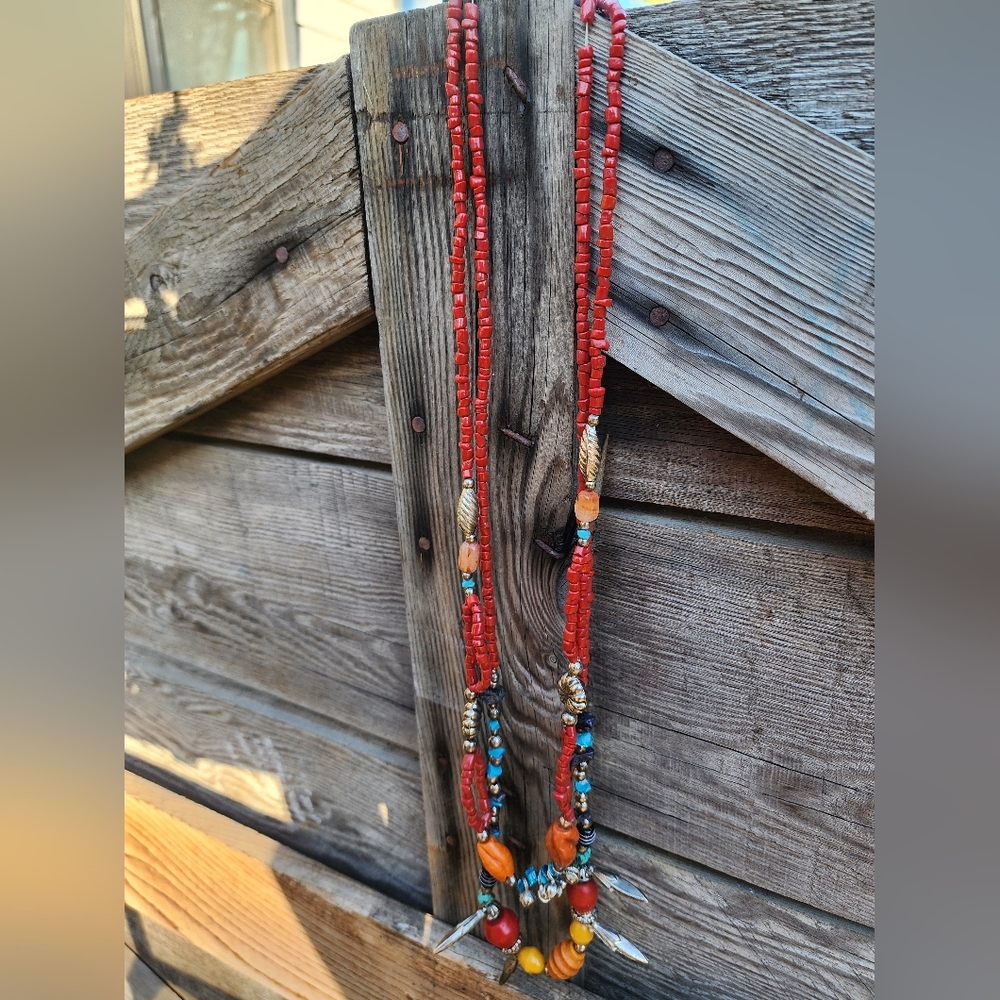 Bohemian Coral and Gold Beaded Necklace